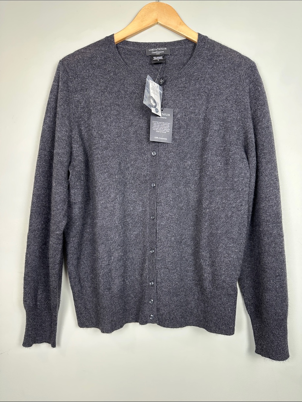 223. 100% Cashmere $199 NWT Lord and Taylor, charcoal, gray cardigan.